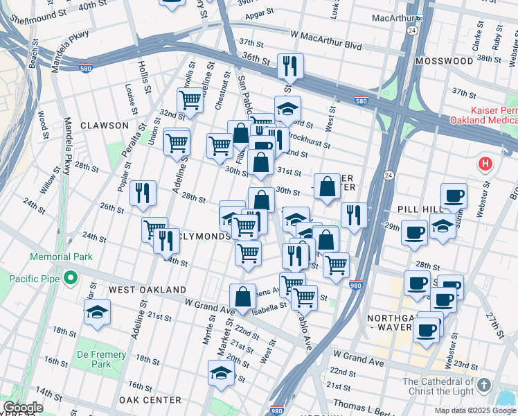 map of restaurants, bars, coffee shops, grocery stores, and more near 2819 Market Street in Oakland