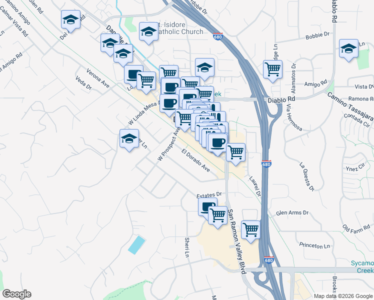 map of restaurants, bars, coffee shops, grocery stores, and more near 184 El Dorado Avenue in Danville