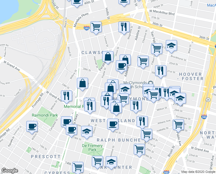 map of restaurants, bars, coffee shops, grocery stores, and more near 2600 Union Street in Oakland
