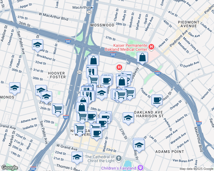 map of restaurants, bars, coffee shops, grocery stores, and more near 3017 Summit Street in Oakland