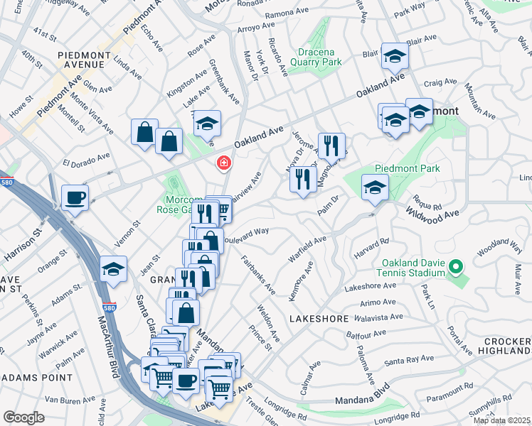 map of restaurants, bars, coffee shops, grocery stores, and more near 80 Wildwood Avenue in Piedmont