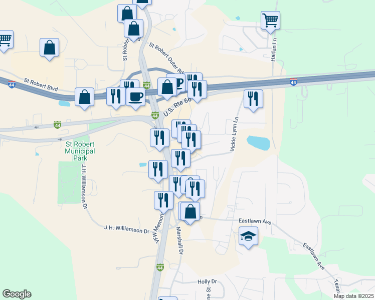 map of restaurants, bars, coffee shops, grocery stores, and more near 220 Marshall Drive in Saint Robert