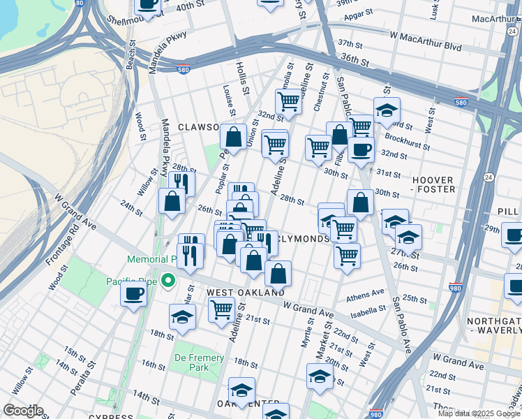 map of restaurants, bars, coffee shops, grocery stores, and more near 2650 Magnolia Street in Oakland