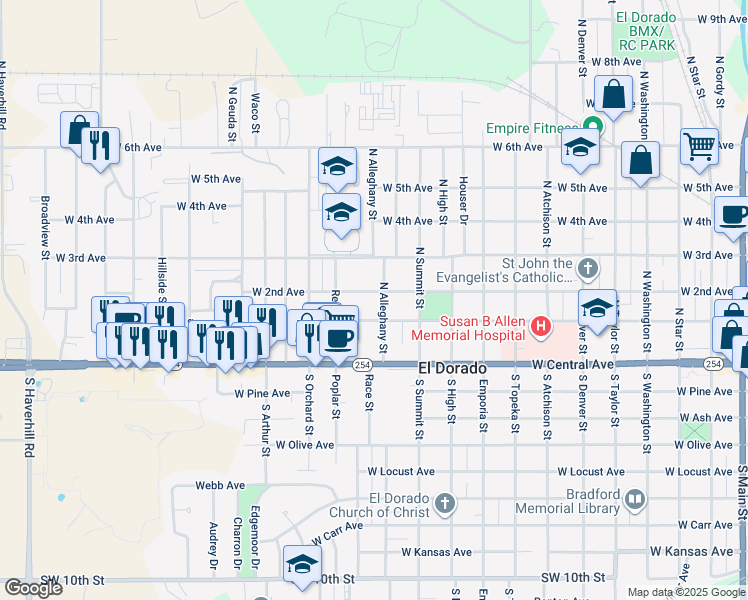 map of restaurants, bars, coffee shops, grocery stores, and more near 229 N Alleghany St in El Dorado