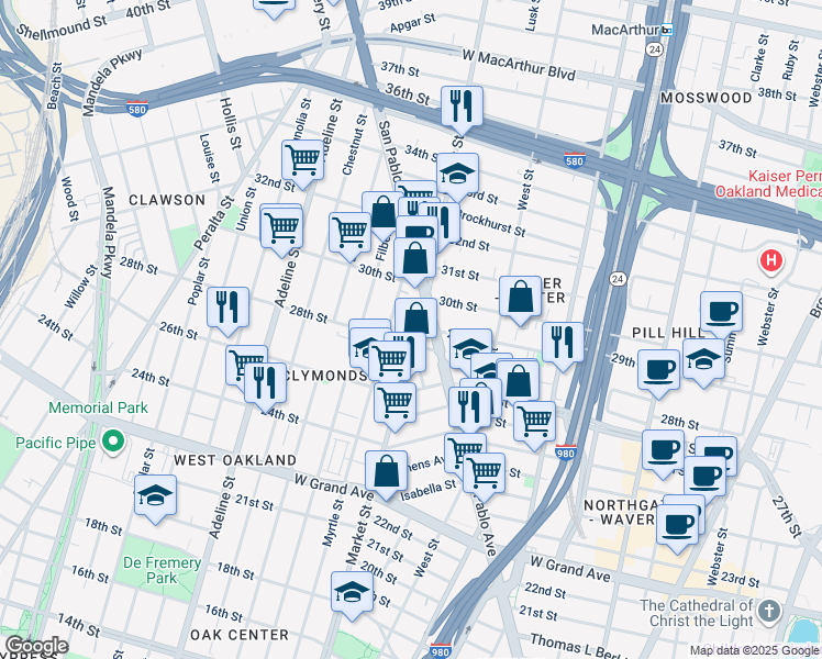 map of restaurants, bars, coffee shops, grocery stores, and more near 2827 Market Street in Oakland
