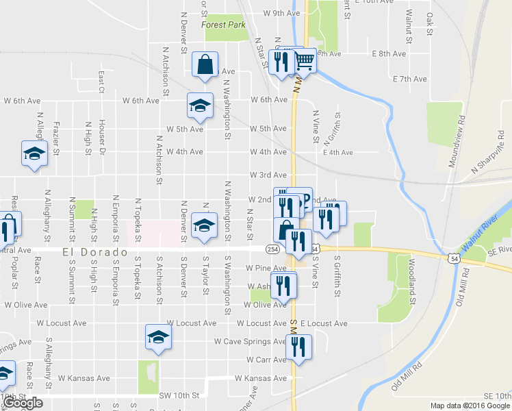 map of restaurants, bars, coffee shops, grocery stores, and more near 222 North Star Street in El Dorado
