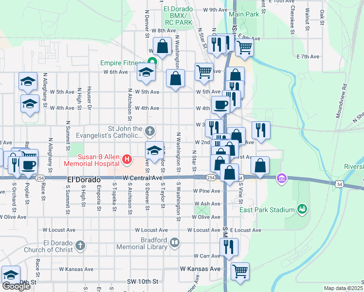 map of restaurants, bars, coffee shops, grocery stores, and more near 222 North Washington Street in El Dorado