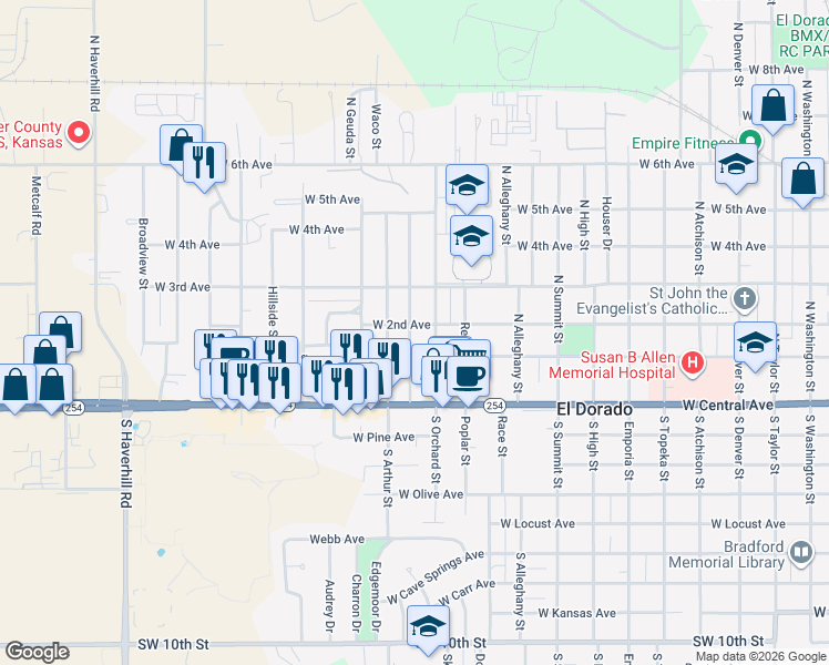 map of restaurants, bars, coffee shops, grocery stores, and more near 209 North Orchard Street in El Dorado