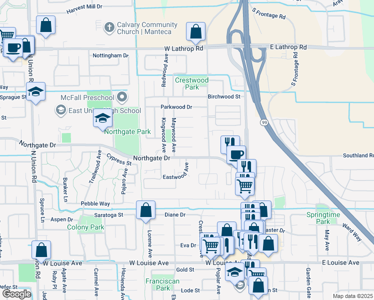 map of restaurants, bars, coffee shops, grocery stores, and more near 434 Grantwood Court in Manteca