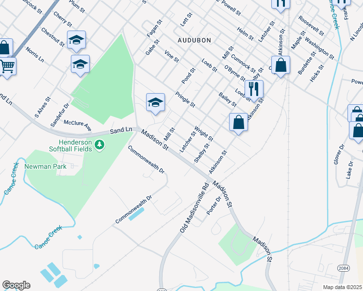 map of restaurants, bars, coffee shops, grocery stores, and more near 1201-1299 Letcher Street in Henderson