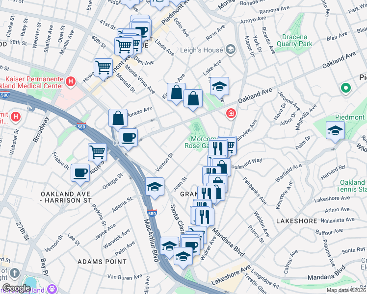 map of restaurants, bars, coffee shops, grocery stores, and more near 658 Vernon Street in Oakland