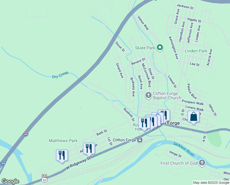 map of restaurants, bars, coffee shops, grocery stores, and more near 516 Roxbury Street in Clifton Forge
