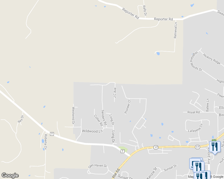 map of restaurants, bars, coffee shops, grocery stores, and more near 1733 J C Avenue in Waynesville