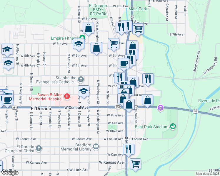 map of restaurants, bars, coffee shops, grocery stores, and more near 222 North Star Street in El Dorado