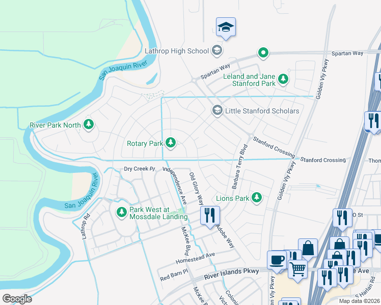 map of restaurants, bars, coffee shops, grocery stores, and more near 15801 Barbara Terry Boulevard in Lathrop