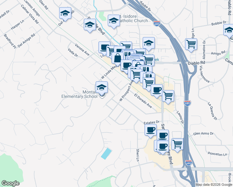 map of restaurants, bars, coffee shops, grocery stores, and more near 246 West Prospect Avenue in Danville