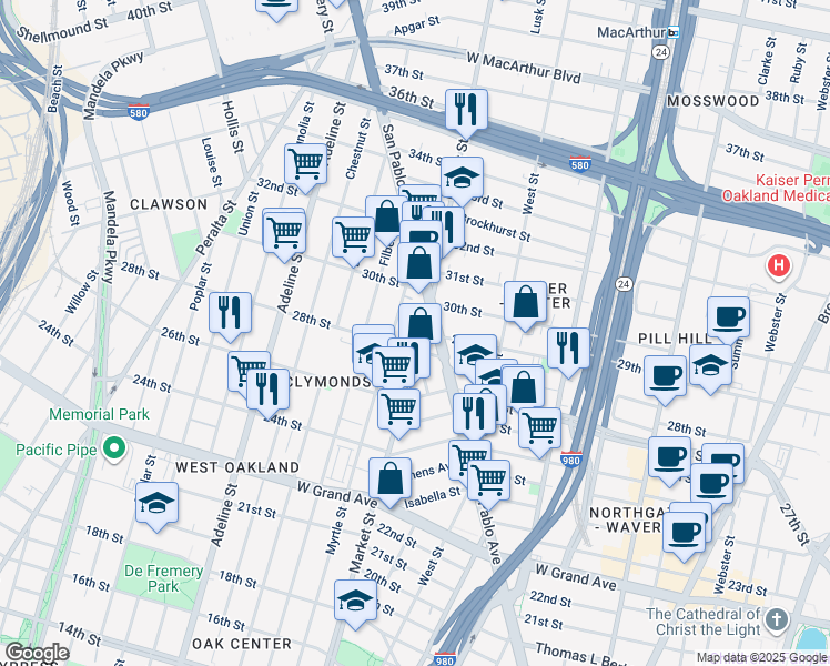 map of restaurants, bars, coffee shops, grocery stores, and more near 2827 Market Street in Oakland