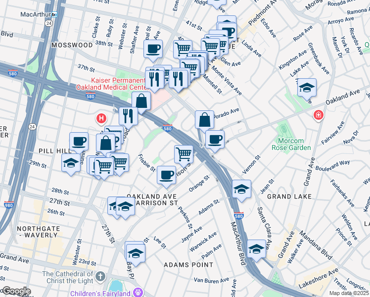 map of restaurants, bars, coffee shops, grocery stores, and more near Fairmount Avenue in Piedmont