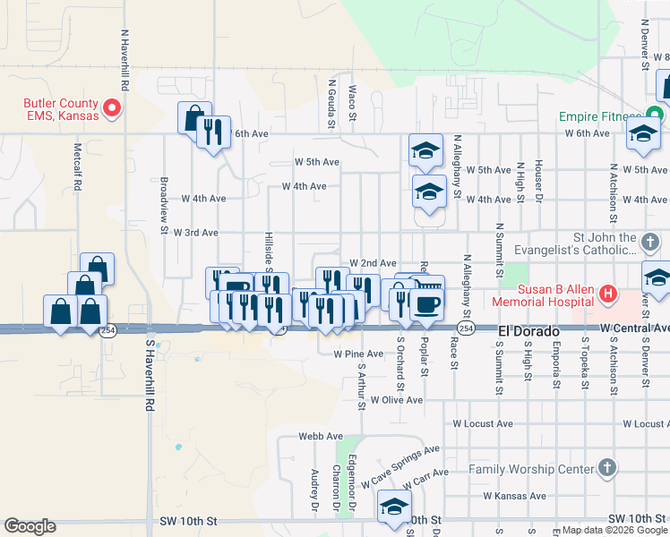 map of restaurants, bars, coffee shops, grocery stores, and more near 225 Jones Street in El Dorado