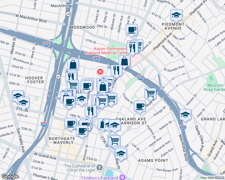 map of restaurants, bars, coffee shops, grocery stores, and more near 3001 Broadway in Oakland