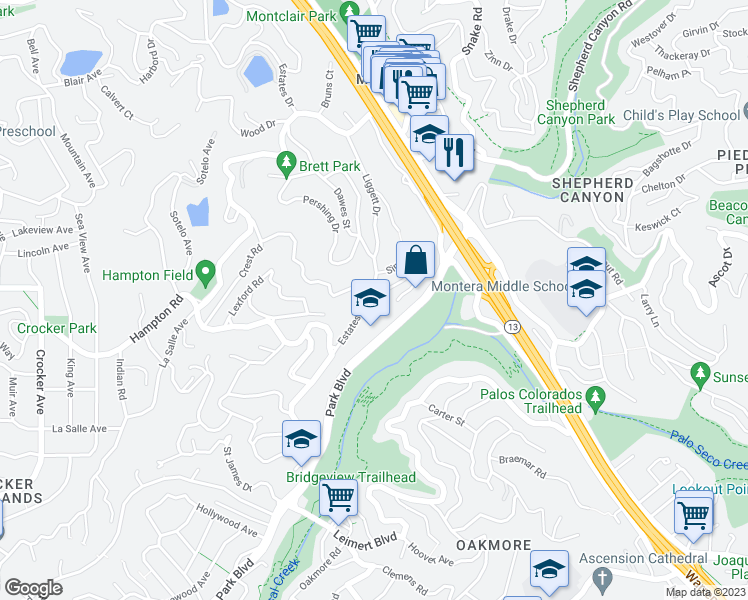 map of restaurants, bars, coffee shops, grocery stores, and more near 6860 Estates Drive in Piedmont
