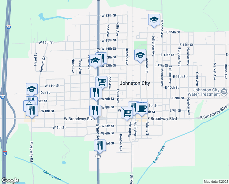 map of restaurants, bars, coffee shops, grocery stores, and more near 305 West 10th Street in Johnston City