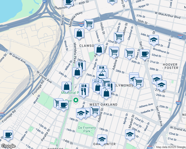map of restaurants, bars, coffee shops, grocery stores, and more near 1286 26th Street in Oakland