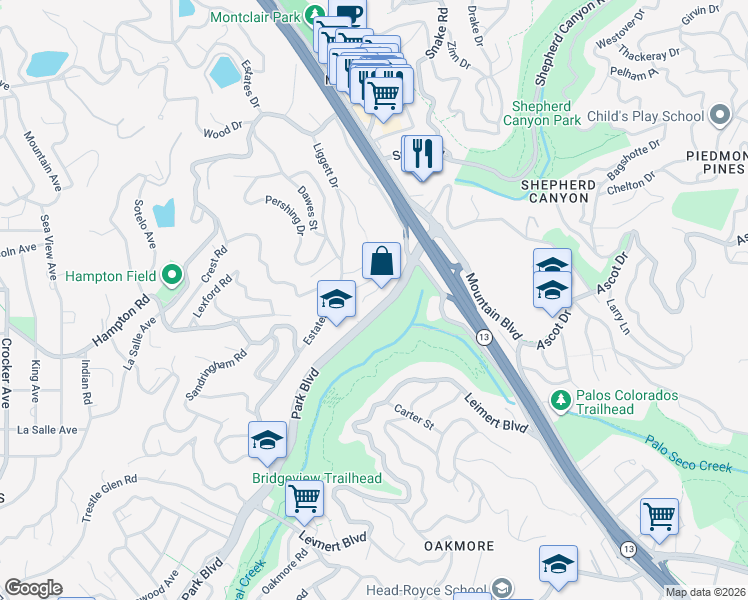 map of restaurants, bars, coffee shops, grocery stores, and more near 389 Somerset Road in Piedmont