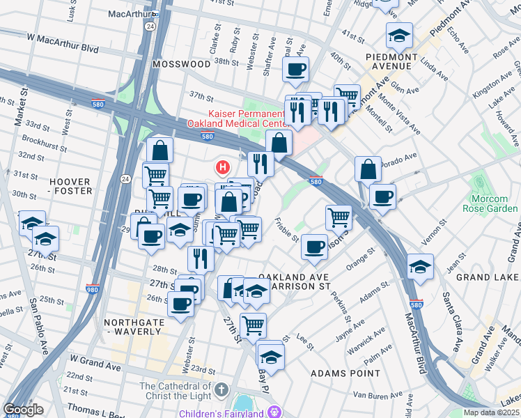 map of restaurants, bars, coffee shops, grocery stores, and more near 3032 Brook Street in Oakland