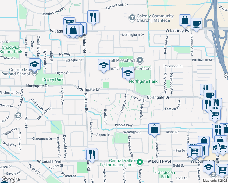 map of restaurants, bars, coffee shops, grocery stores, and more near 951 Cypress Street in Manteca