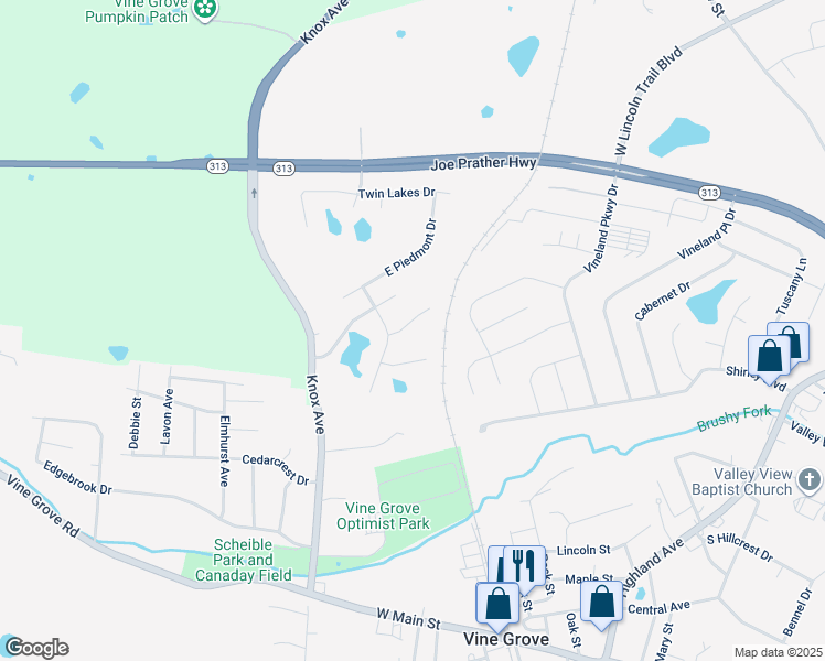 map of restaurants, bars, coffee shops, grocery stores, and more near 304 Willow Crossing Court in Vine Grove