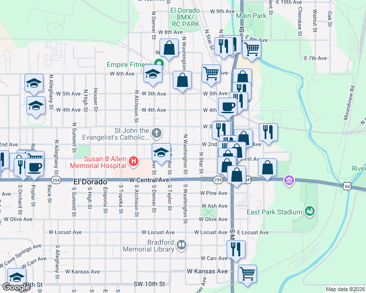 map of restaurants, bars, coffee shops, grocery stores, and more near 222 North Washington Street in El Dorado