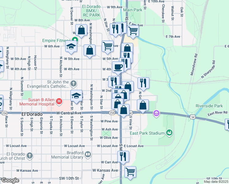 map of restaurants, bars, coffee shops, grocery stores, and more near 117 West 2nd Avenue in El Dorado