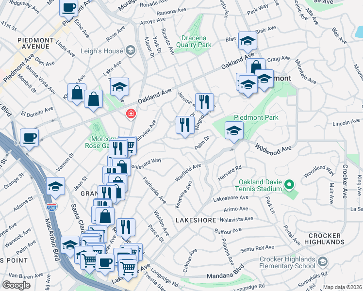 map of restaurants, bars, coffee shops, grocery stores, and more near 101 Palm Drive in Piedmont