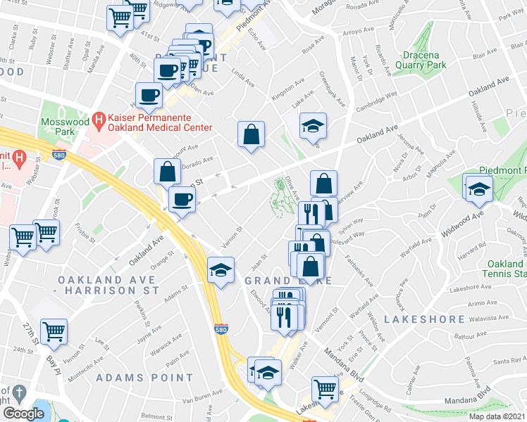 map of restaurants, bars, coffee shops, grocery stores, and more near 658 Vernon Street in Oakland