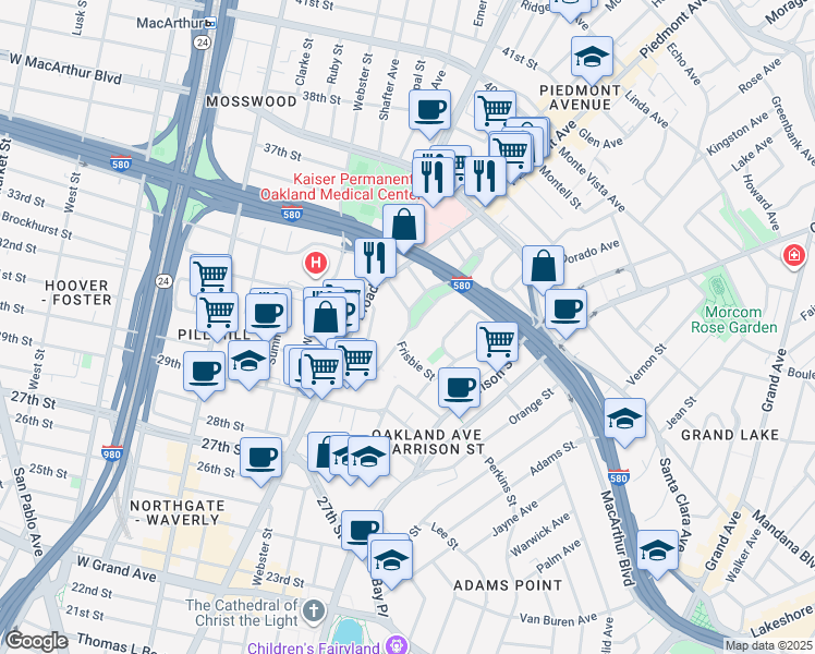 map of restaurants, bars, coffee shops, grocery stores, and more near 3054 Richmond Boulevard in Oakland