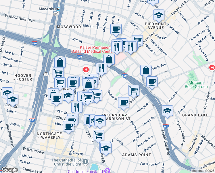 map of restaurants, bars, coffee shops, grocery stores, and more near 3032 Brook Street in Oakland