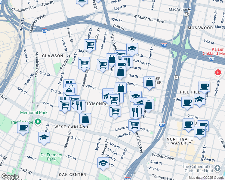 map of restaurants, bars, coffee shops, grocery stores, and more near 2828 Filbert Street in Oakland