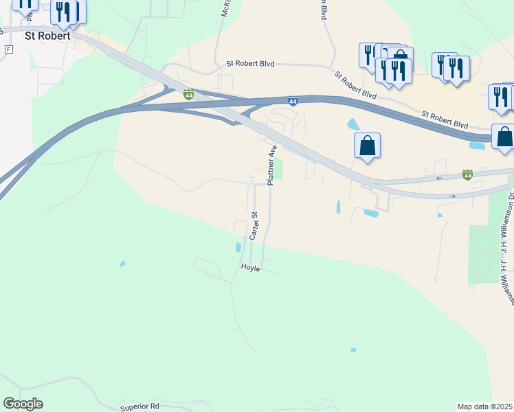 map of restaurants, bars, coffee shops, grocery stores, and more near 141 Plattner Avenue in Saint Robert