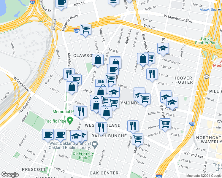map of restaurants, bars, coffee shops, grocery stores, and more near 2713 Adeline Street in Oakland