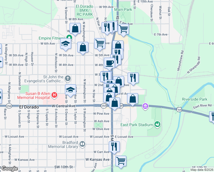 map of restaurants, bars, coffee shops, grocery stores, and more near 117 West 2nd Avenue in El Dorado