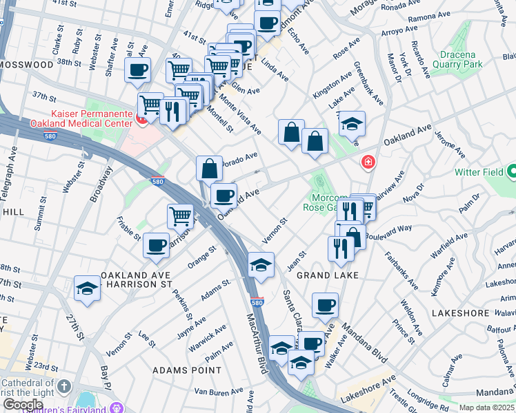 map of restaurants, bars, coffee shops, grocery stores, and more near 169 Santa Rosa Avenue in Oakland