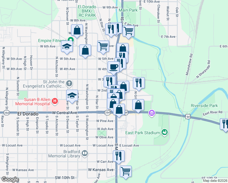 map of restaurants, bars, coffee shops, grocery stores, and more near 117 West 2nd Avenue in El Dorado