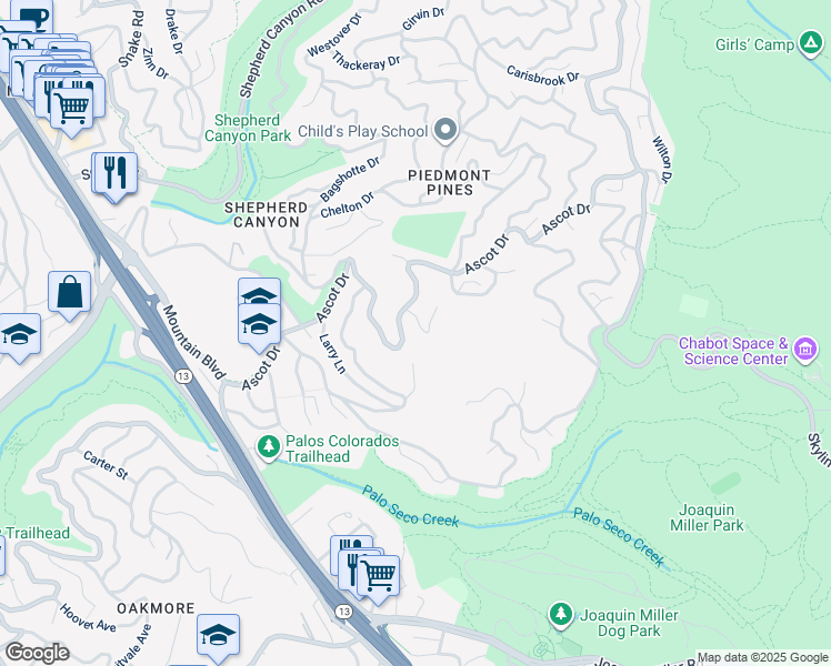 map of restaurants, bars, coffee shops, grocery stores, and more near 2835 Morley Drive in Oakland