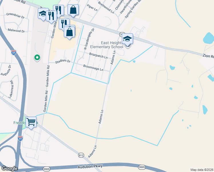 map of restaurants, bars, coffee shops, grocery stores, and more near 1449 Adams Lane in Henderson