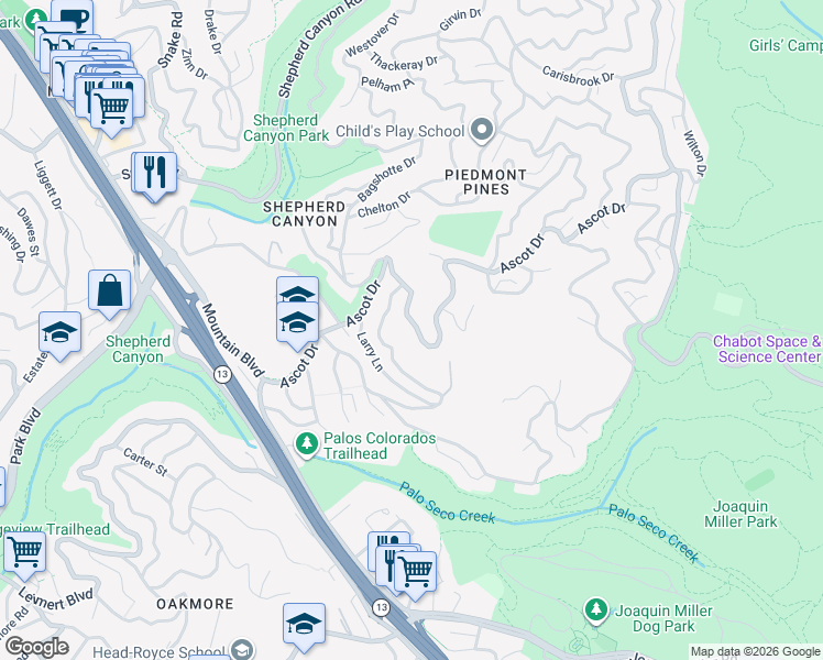 map of restaurants, bars, coffee shops, grocery stores, and more near 5920 Ascot Drive in Oakland