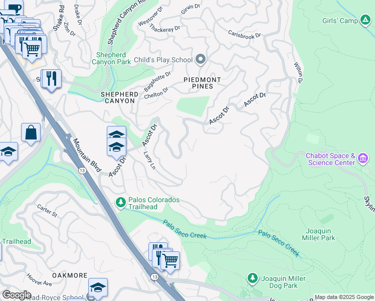 map of restaurants, bars, coffee shops, grocery stores, and more near 2835 Morley Drive in Oakland