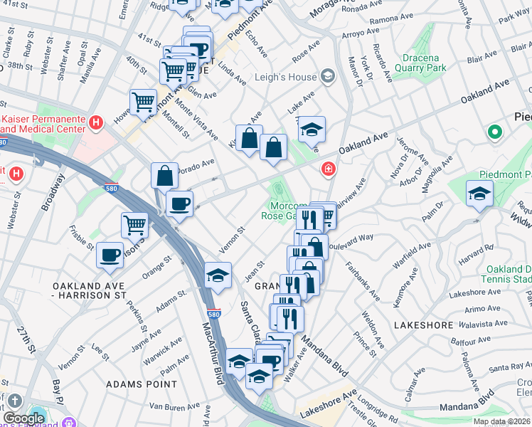 map of restaurants, bars, coffee shops, grocery stores, and more near 670 Vernon Street in Oakland