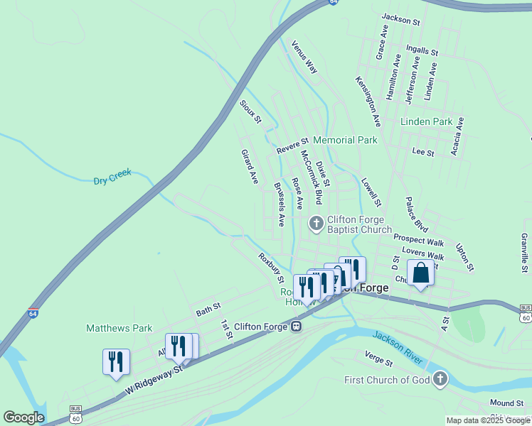 map of restaurants, bars, coffee shops, grocery stores, and more near 100 Howard Street in Clifton Forge