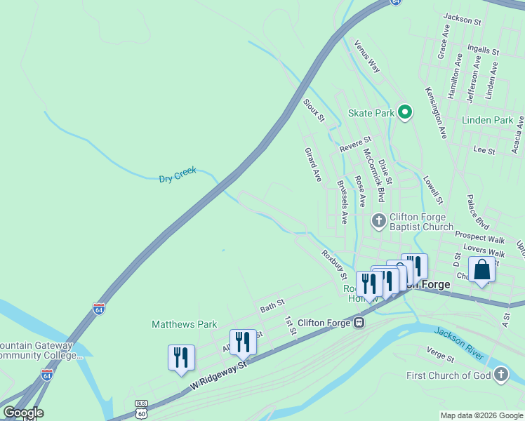 map of restaurants, bars, coffee shops, grocery stores, and more near 5319 Roxbury St in Clifton Forge